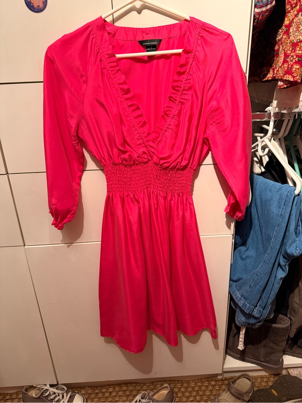 Moda International Hot Pink V-Neck Smocked Waist Dress